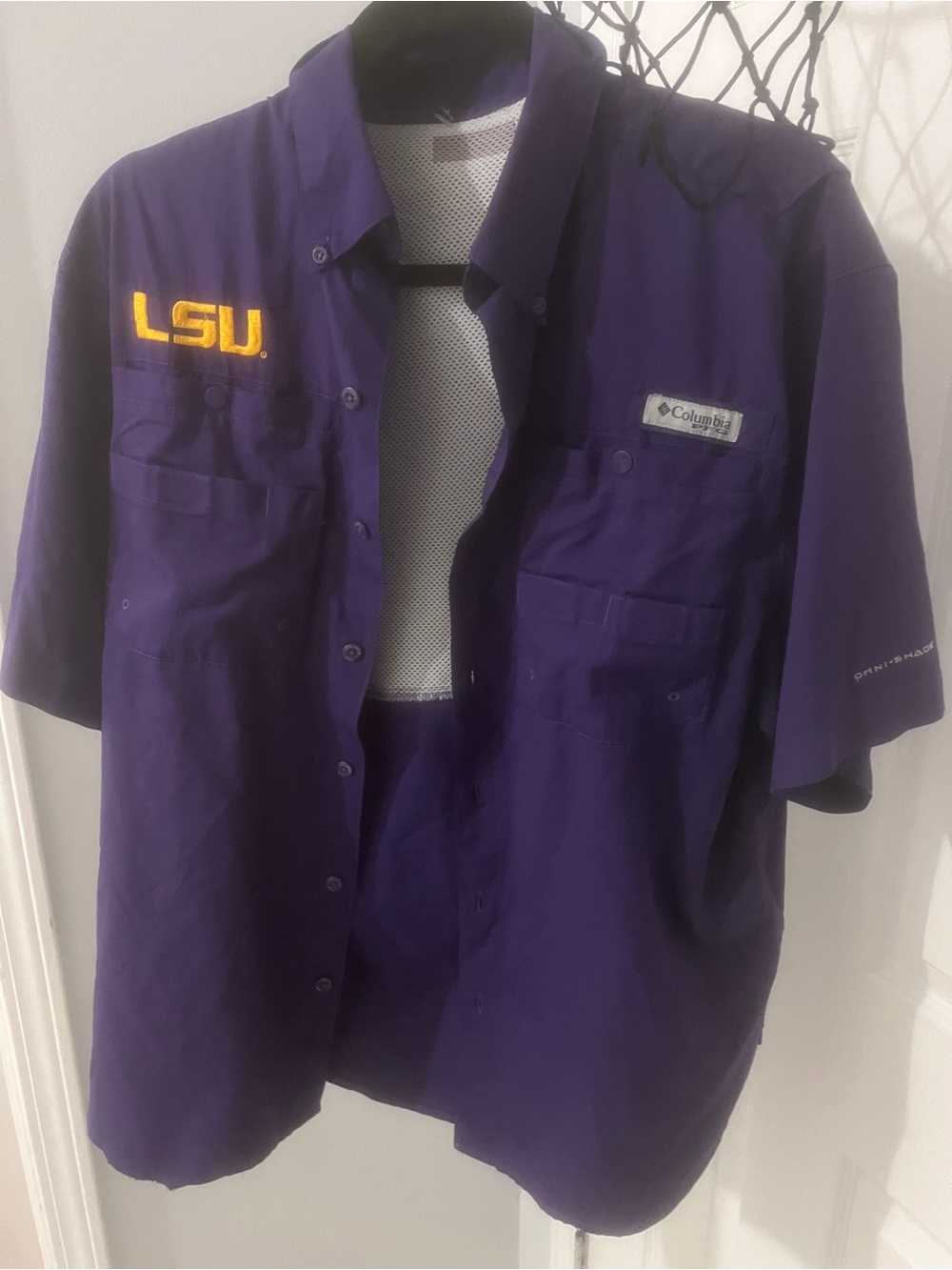 Columbia Purple LSU Embroidered Short-Sleeve Fishing Shirt